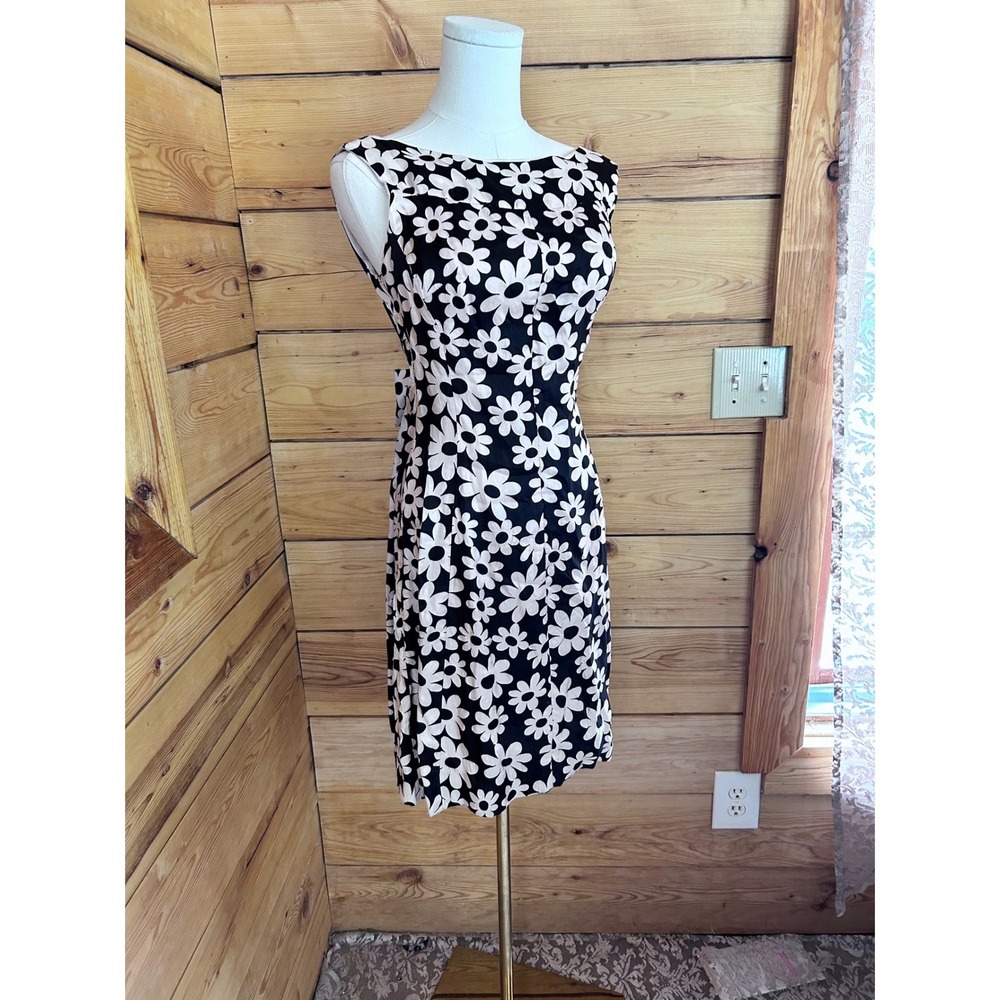 Vintage Satin Floral Shift Dress Womens Small Black White 60s Mod Wiggle Algo - Picture 2 of 11